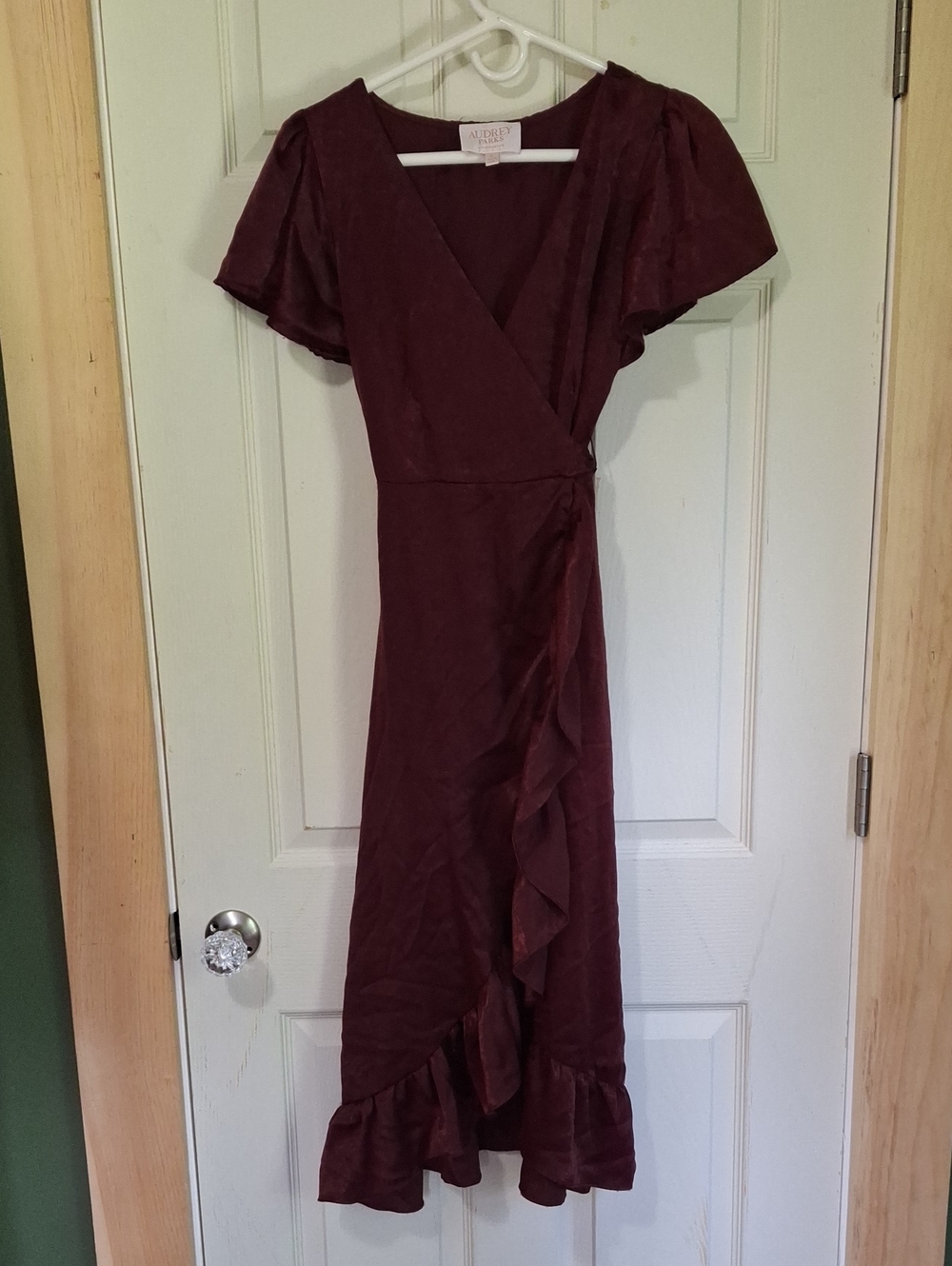 Wrap Midi Dress with Ruffle Trim in Burgundy
